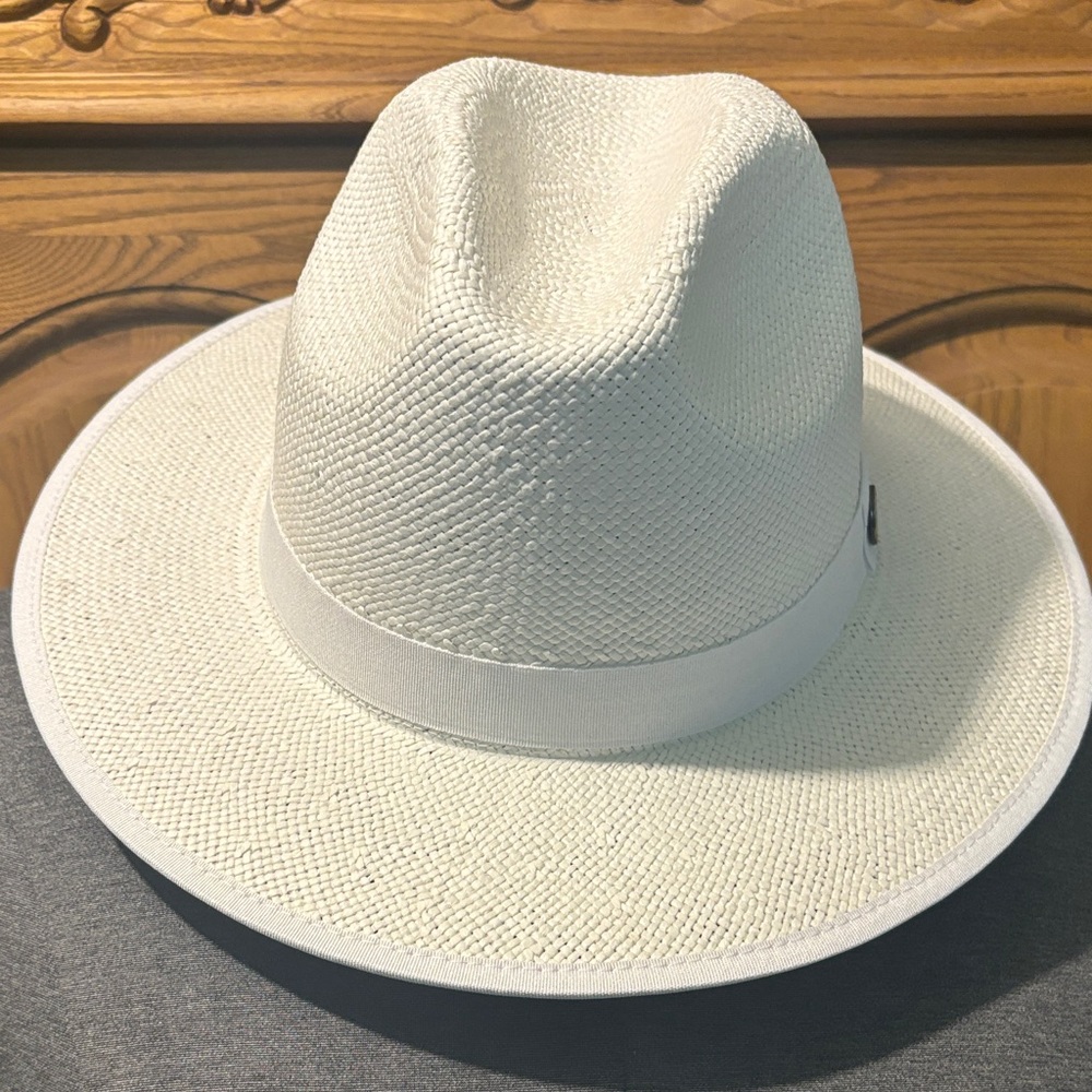 Men's White Red Button Straw Fedora Hat with Ribbon Band